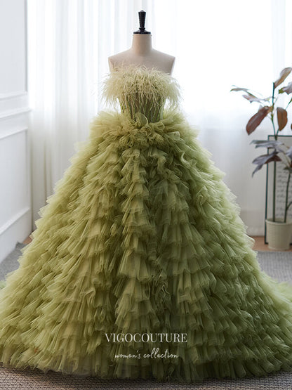 Olive Green Ruffled Tulle Strapless Prom Ball Gown with Feathers 22331