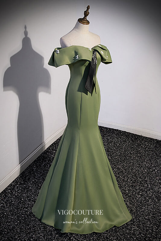 Olive Green Satin Formal Dress Mermaid Off the Shoulder Prom Dresses 2 vigocouture Olive Green Satin Formal Dress Mermaid Off the Shoulder Prom Dresses 2 vigocouture