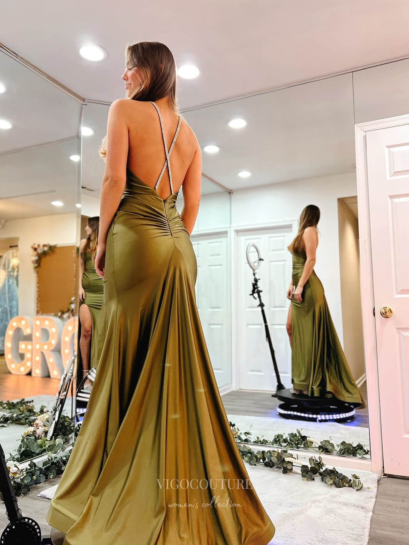 Olive Green Satin Mermaid Prom Dresses with Slit Plunging V-Neck