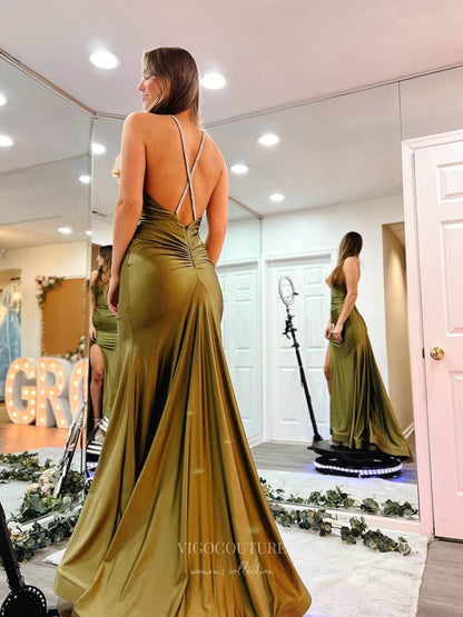olive green fitted prom dress Olive Green Mermaid Satin Prom Dresses with Slit Spaghetti Strap Eveni Viniodress