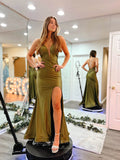 Olive Green Satin Mermaid Prom Dresses with Slit Plunging V-Neck 24059