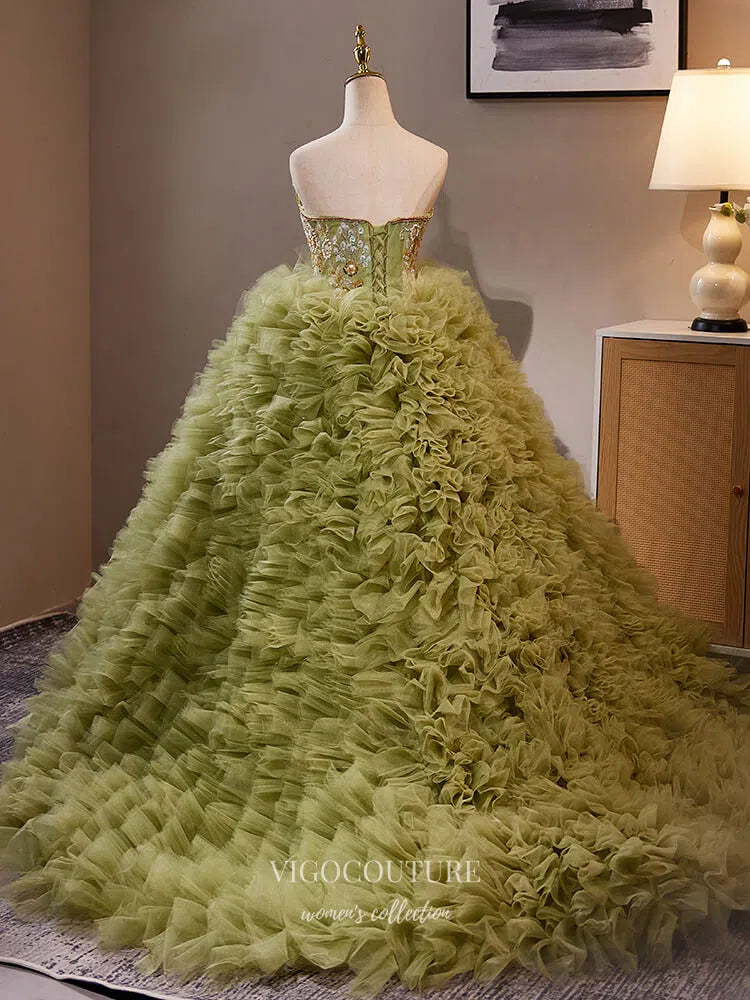 Prom Dress 2025 Olive Green Tiered Ruffled Quinceanera Dresses Strapless Beaded Lace Ball Gown 25038-unique elegant Prom Dresses-Olive-Custom Size-vigocouture