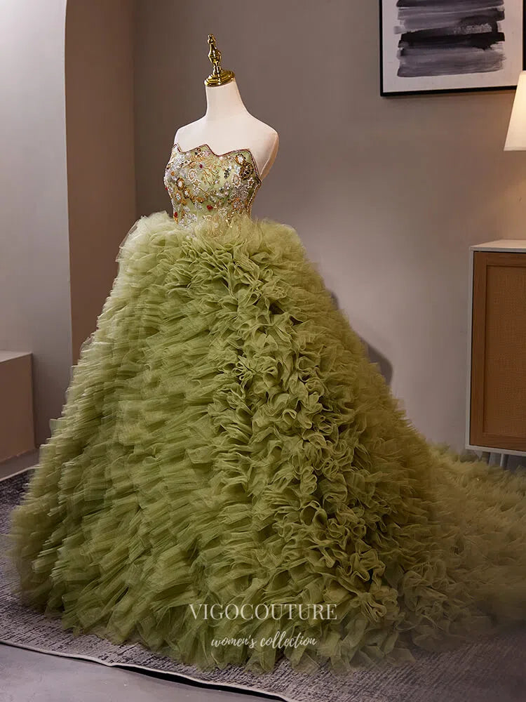 Prom Dress 2025 Olive Green Tiered Ruffled Quinceanera Dresses Strapless Beaded Lace Ball Gown 25038-unique elegant Prom Dresses-Olive-Custom Size-vigocouture