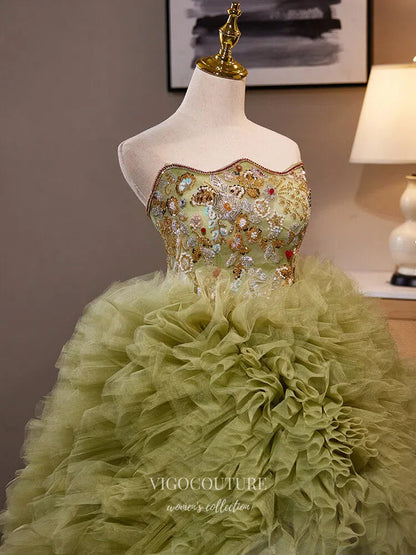 Olive Green Tiered Ruffled Quinceanera Dresses Strapless Beaded Lace Ball Gown 25038 Custom Colors / US16 Olive Green Tiered Ruffled Quinceanera Dresses Strapless Beaded Lace Ball Gown 25038 Custom Colors / US16