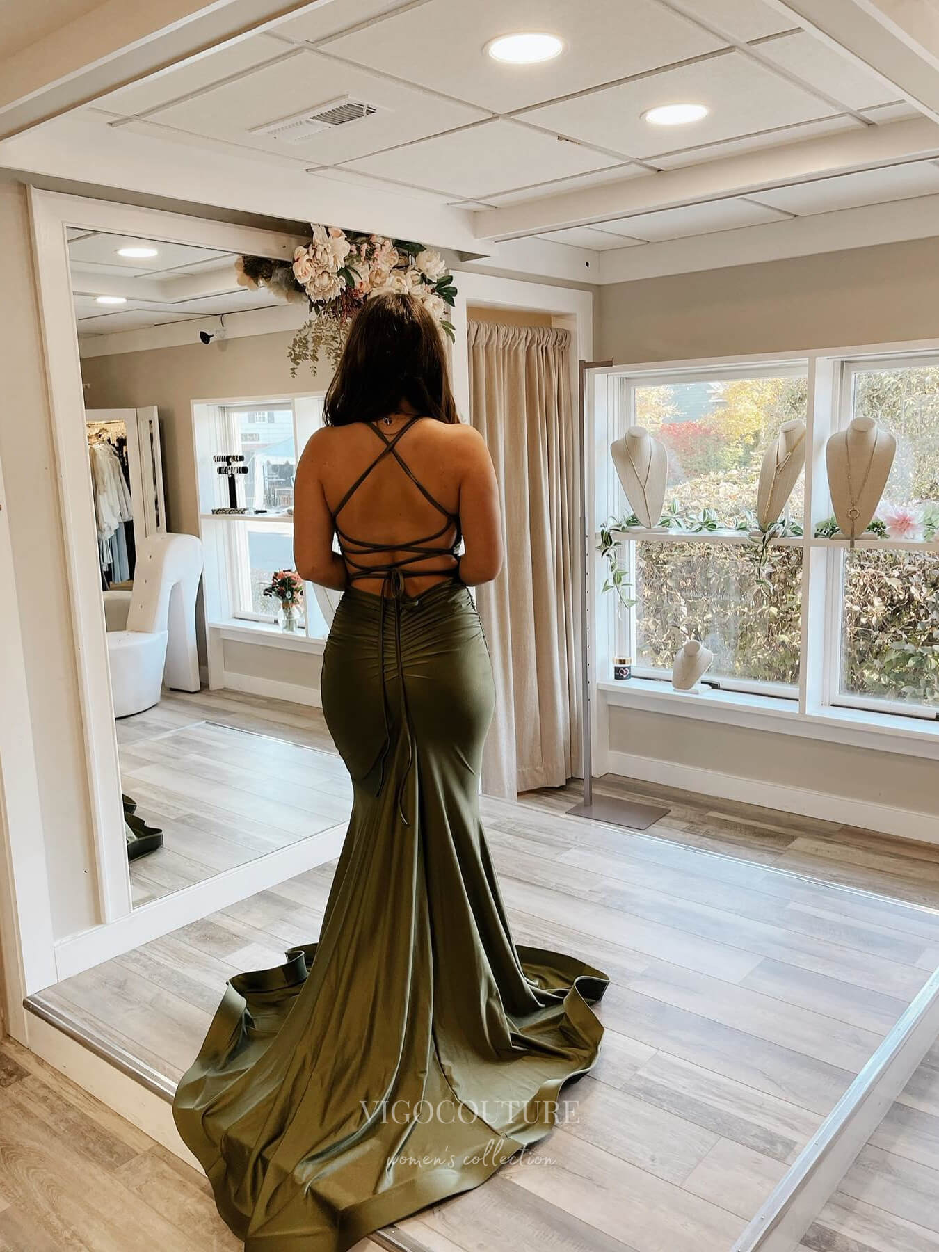 Prom Dress 2025 Olive Satin Mermaid Prom Dresses Spaghetti Strap Pleated Bodice 24057-unique elegant Prom Dresses-Olive-Custom Size-vigocouture