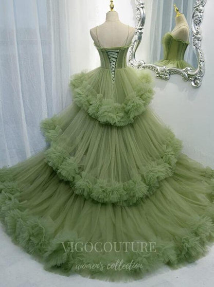Prom Dress 2025 Olive Tiered Prom Dress 2022 Spaghetti Strap Formal Dress 20530-unique elegant Prom Dresses-Olive-US2-vigocouture