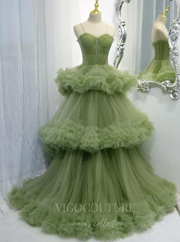 Prom Dress 2025 Olive Tiered Prom Dress 2022 Spaghetti Strap Formal Dress 20530-unique elegant Prom Dresses-Olive-US2-vigocouture