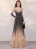 Prom Dress 2025 Ombre Long Sleeve Evening Dresses A-line Beaded Prom Dresses 20087-unique elegant Prom Dresses-As Pictured-US2-vigocouture