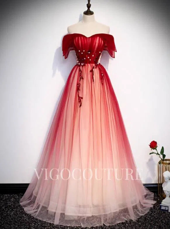 Prom Dress 2025 Ombre Red Prom Gown Off the Shoulder Prom Dress 20286-unique elegant Prom Dresses-Red-US2-vigocouture