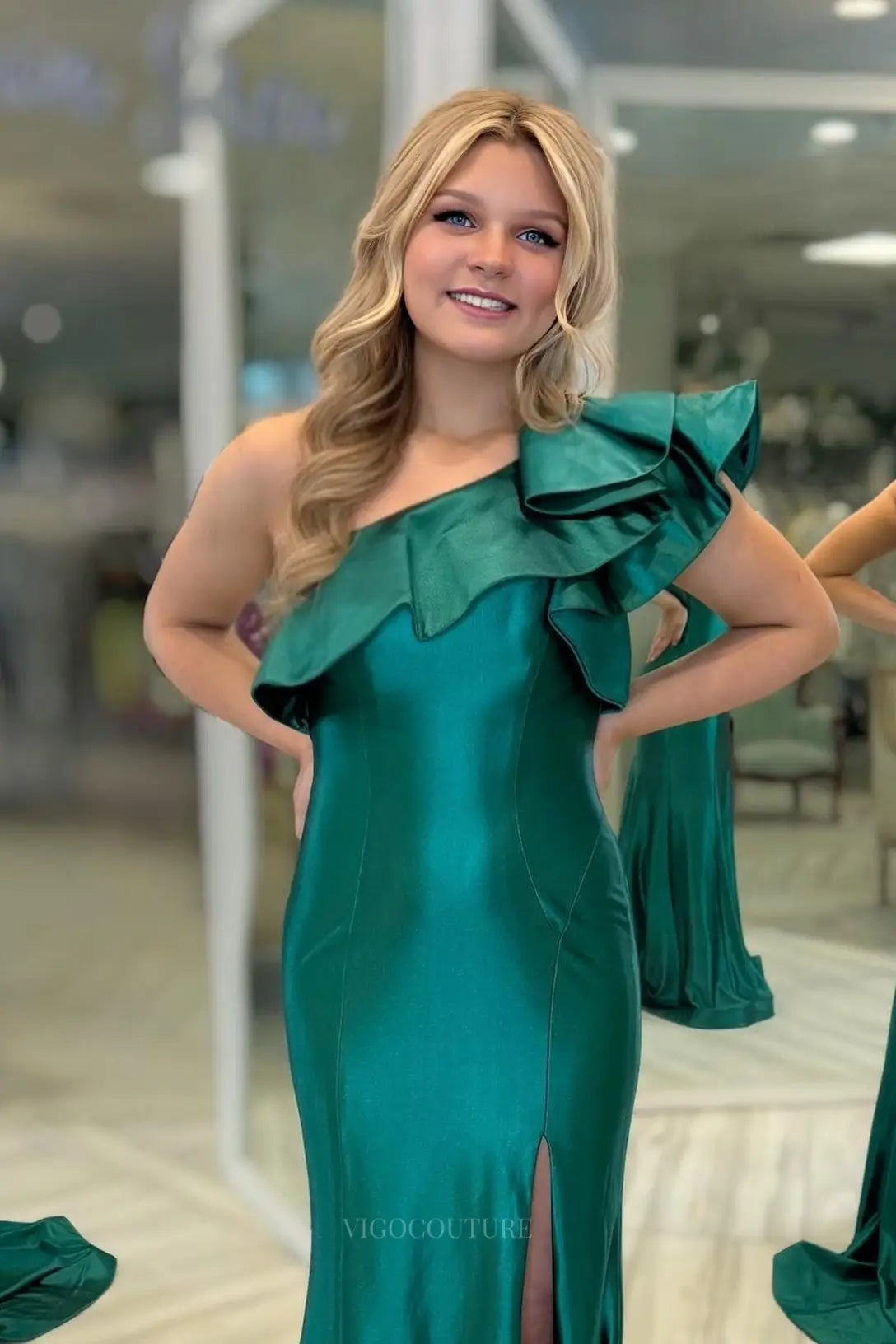 Prom Dresses 2025 to impress One-Shoulder Ruffle Satin Mermaid Prom Dress with High Slit – 26087-vigocouture-vigocouture