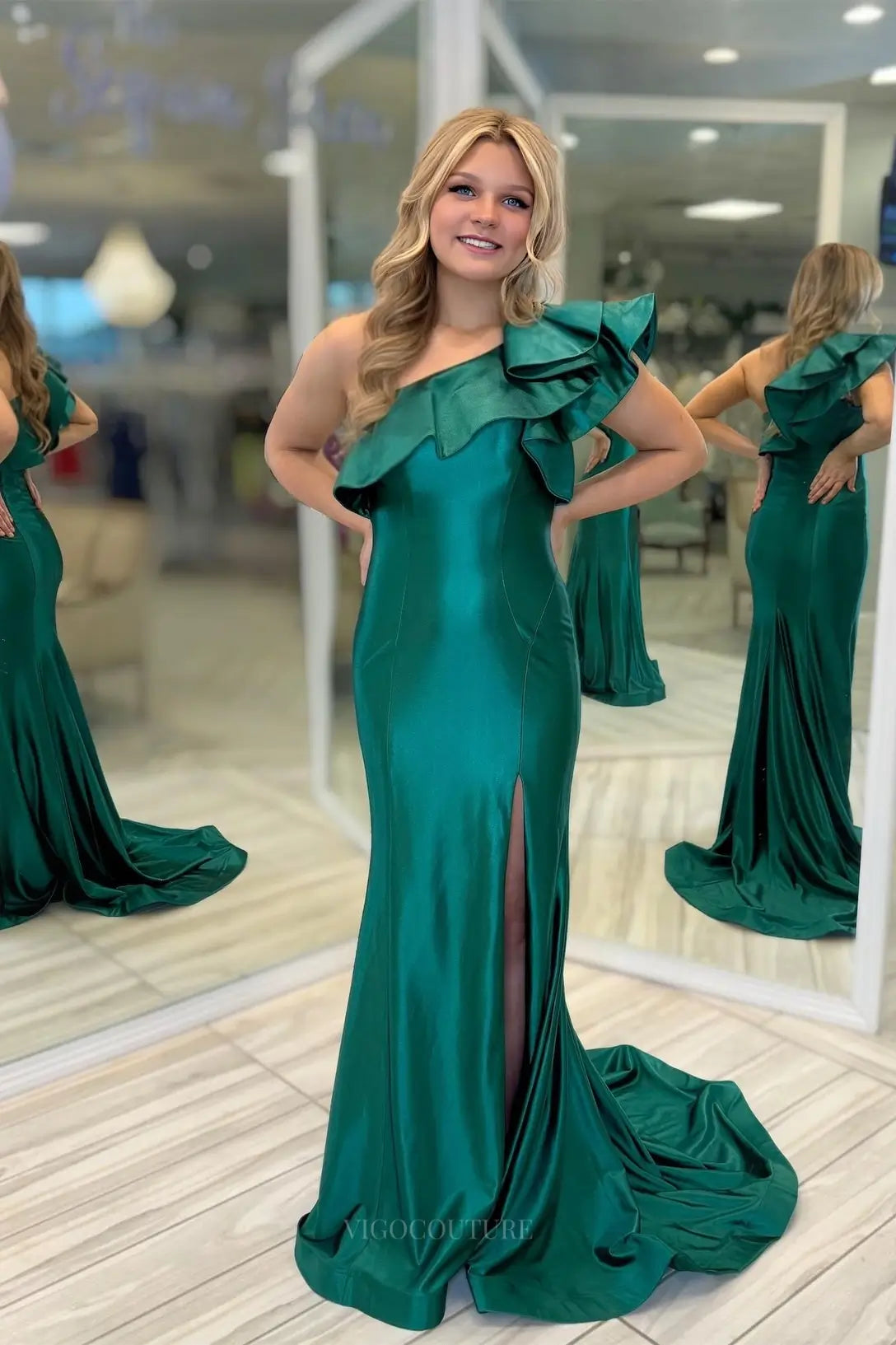 Prom Dresses 2025 to impress One-Shoulder Ruffle Satin Mermaid Prom Dress with High Slit – 26087-vigocouture-Emerald Green-US 0-vigocouture