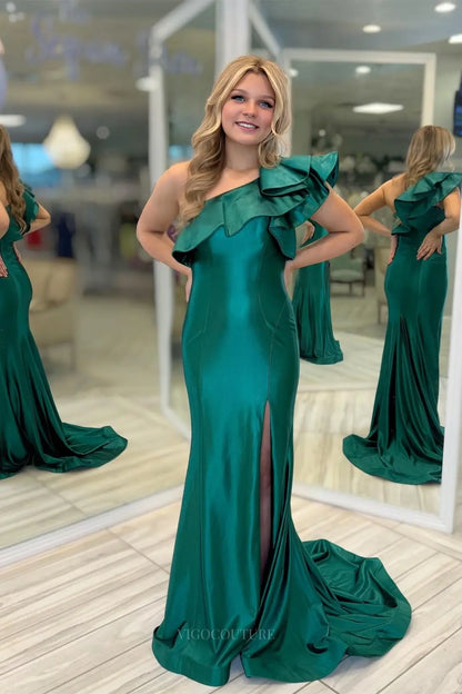 Prom Dresses 2025 to impress One-Shoulder Ruffle Satin Mermaid Prom Dress with High Slit – 26087-vigocouture-Emerald Green-US 0-vigocouture