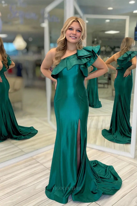 Prom Dresses 2025 to impress One-Shoulder Ruffle Satin Mermaid Prom Dress with High Slit – 26087-vigocouture-Emerald Green-US 0-vigocouture