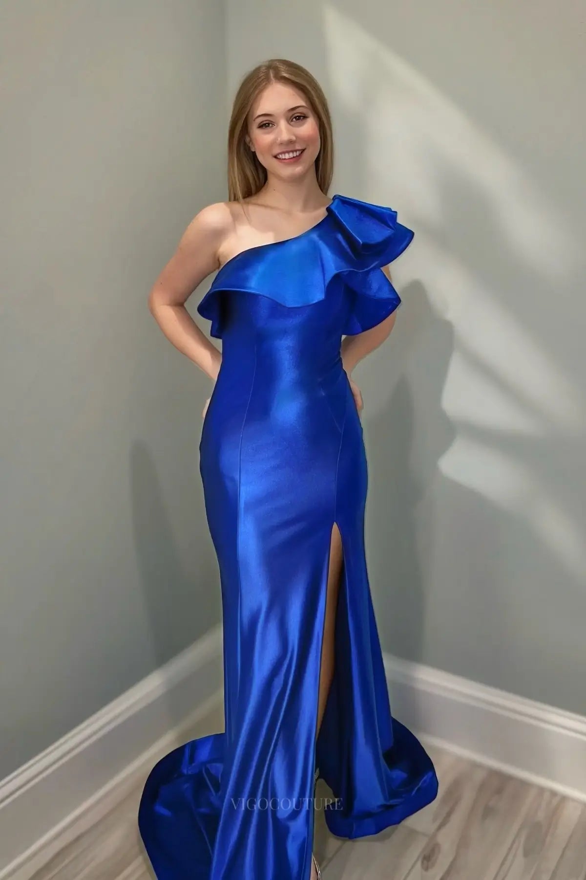 Prom Dresses 2025 to impress One-Shoulder Ruffle Satin Mermaid Prom Dress with High Slit – 26087-vigocouture-Royal Blue-US 0-vigocouture