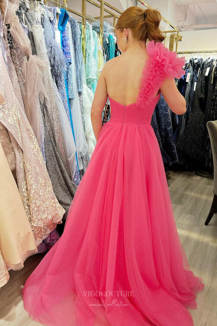 Prom Dress 2025 One Shoulder Ruffled Prom Dresses with Slit Pleated Bodice Tulle Formal Gown 24372-unique elegant Prom Dresses-Hot Pink-Custom Size-vigocouture