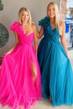 Prom Dress 2025 One Shoulder Ruffled Prom Dresses with Slit Pleated Bodice Tulle Formal Gown 24372-unique elegant Prom Dresses-Hot Pink-Custom Size-vigocouture