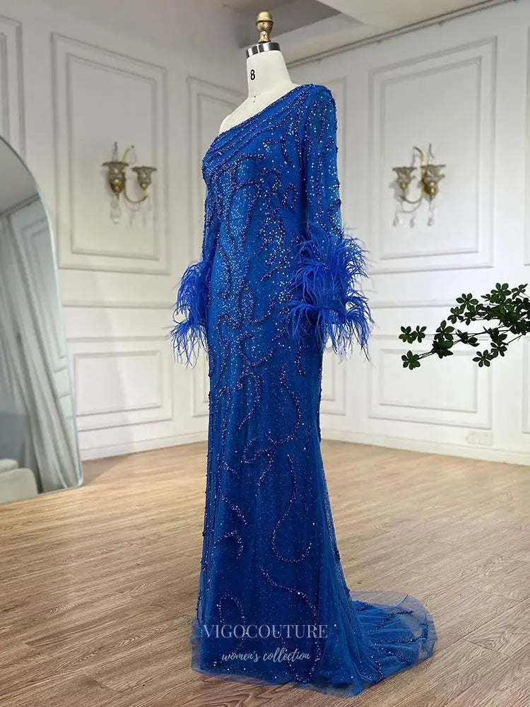 One-Shoulder Sequin Gown with Feather Cuffs Style 25328 vigocouture One-Shoulder Sequin Gown with Feather Cuffs Style 25328 vigocouture
