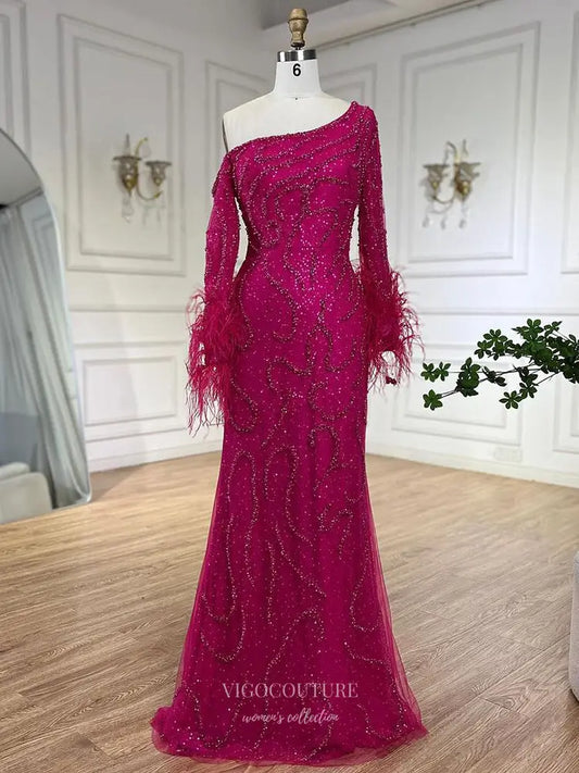 Prom Dresses 2025 to impress One-Shoulder Sequin Gown with Feather Sleeve Cuffs – Style 25328-vigocouture-Hot Pink-2-vigocouture