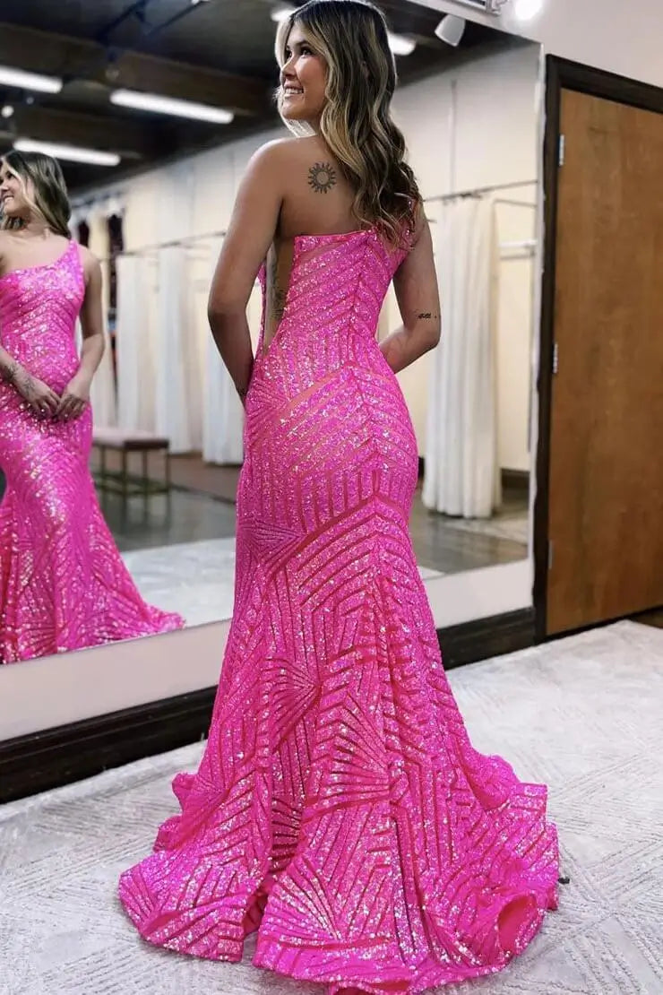 Prom Dresses 2025 to impress One-Shoulder Sequin Mermaid Prom Dress with Geometric Glitter Pattern & Sweep Train – 26102-vigocouture-vigocouture