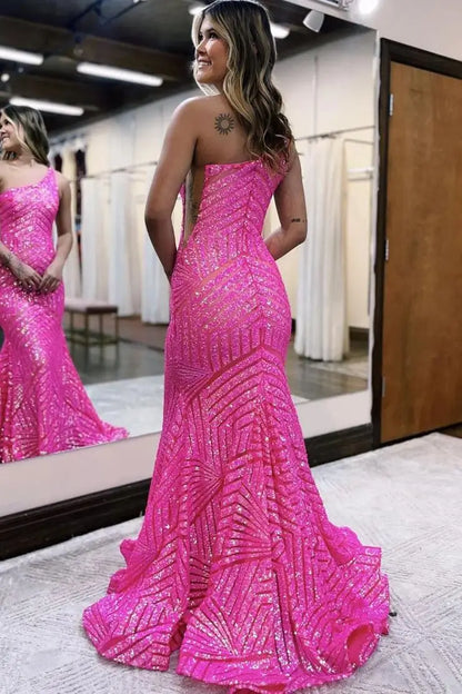Prom Dresses 2025 to impress One-Shoulder Sequin Mermaid Prom Dress with Geometric Glitter Pattern & Sweep Train – 26102-vigocouture-vigocouture
