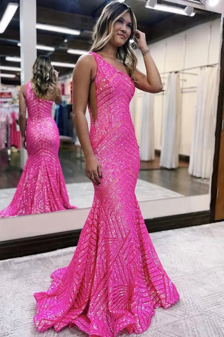 Prom Dresses 2025 to impress One-Shoulder Sequin Mermaid Prom Dress with Geometric Glitter Pattern & Sweep Train – 26102-vigocouture-vigocouture