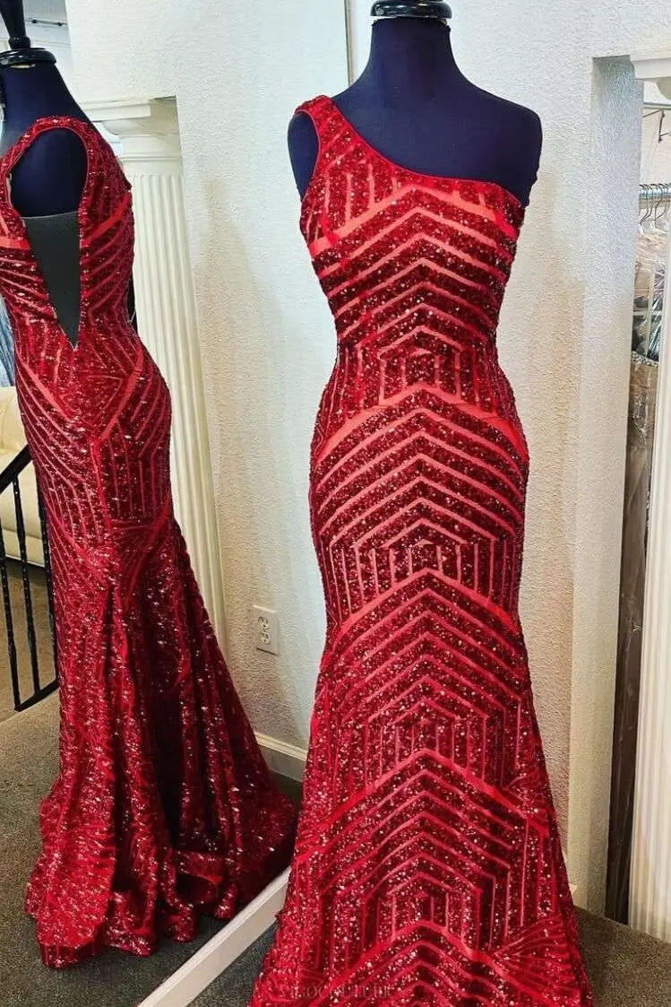 Prom Dresses 2025 to impress One-Shoulder Sequin Mermaid Prom Dress with Geometric Glitter Pattern & Sweep Train – 26102-vigocouture-vigocouture