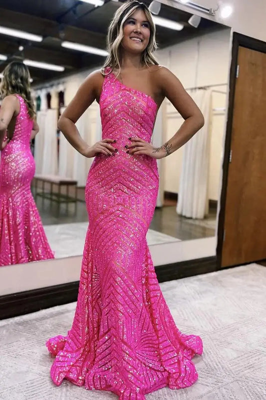 Prom Dresses 2025 to impress One-Shoulder Sequin Mermaid Prom Dress with Geometric Glitter Pattern & Sweep Train – 26102-vigocouture-Hot Pink-US 0-vigocouture