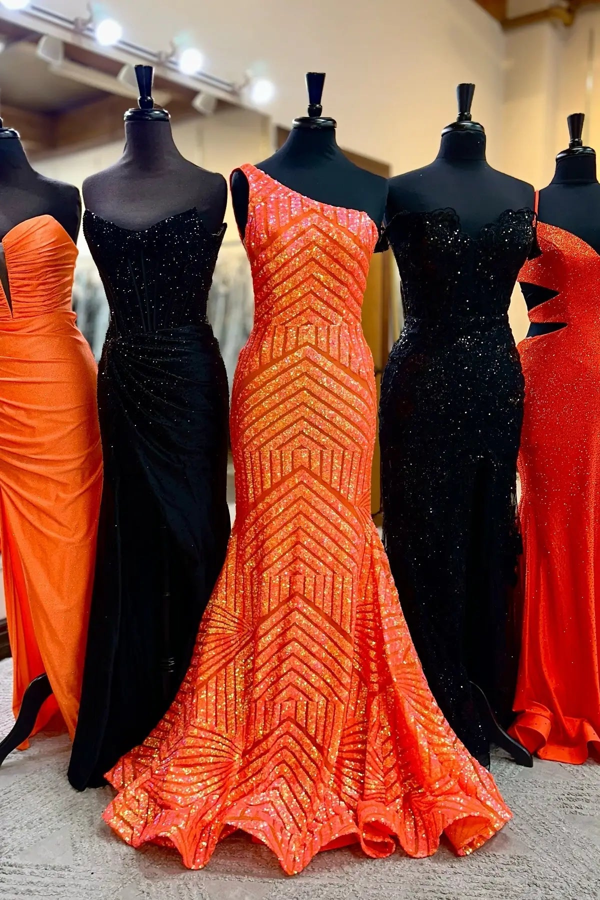 Prom Dresses 2025 to impress One-Shoulder Sequin Mermaid Prom Dress with Geometric Glitter Pattern & Sweep Train – 26102-vigocouture-Orange-US 0-vigocouture