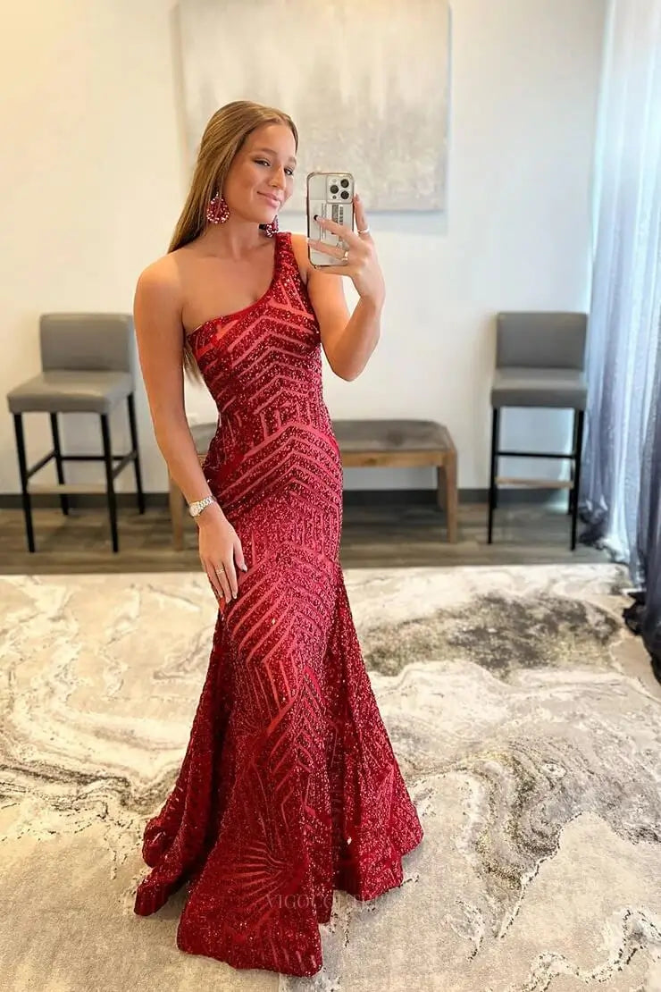 Prom Dresses 2025 to impress One-Shoulder Sequin Mermaid Prom Dress with Geometric Glitter Pattern & Sweep Train – 26102-vigocouture-Red-US 0-vigocouture
