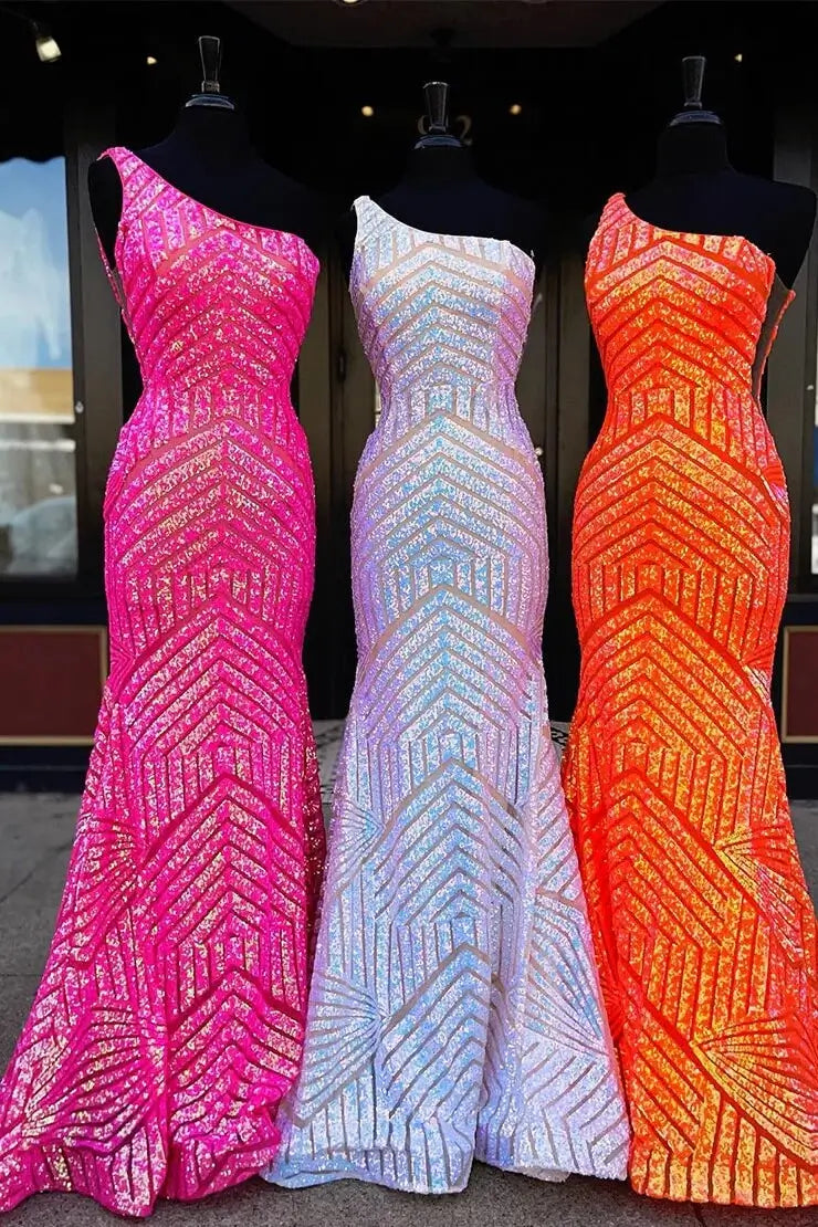 Prom Dresses 2025 to impress One-Shoulder Sequin Mermaid Prom Dress with Geometric Glitter Pattern & Sweep Train – 26102-vigocouture-Silver-US 0-vigocouture