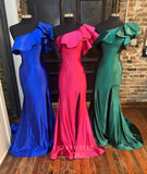 One Shoulder Tiered Prom Dresses With Slit Mermaid Satin Evening Dress 21795