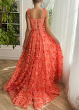 Prom Dress 2025 Orange 3D Floral Prom Dresses with Pockets Spaghetti Strap Flower Gown with Slit 24485-unique elegant Prom Dresses-Orange-Custom Size-vigocouture