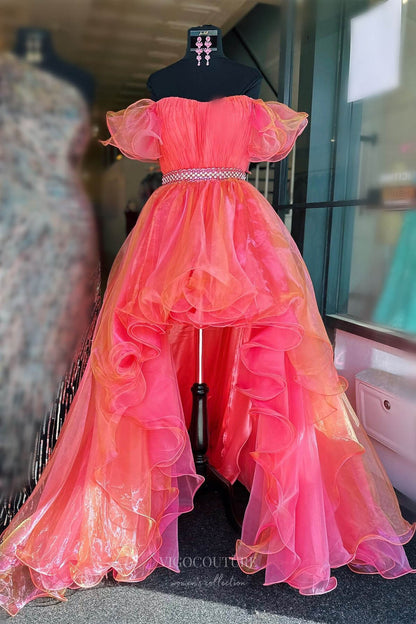 Orange and Pink Organza Prom Dresses High-Low Off the Shoulder Beaded Waist 24274 Pink / US16 Orange and Pink Organza Prom Dresses High-Low Off the Shoulder Beaded Waist 24274 Pink / US16
