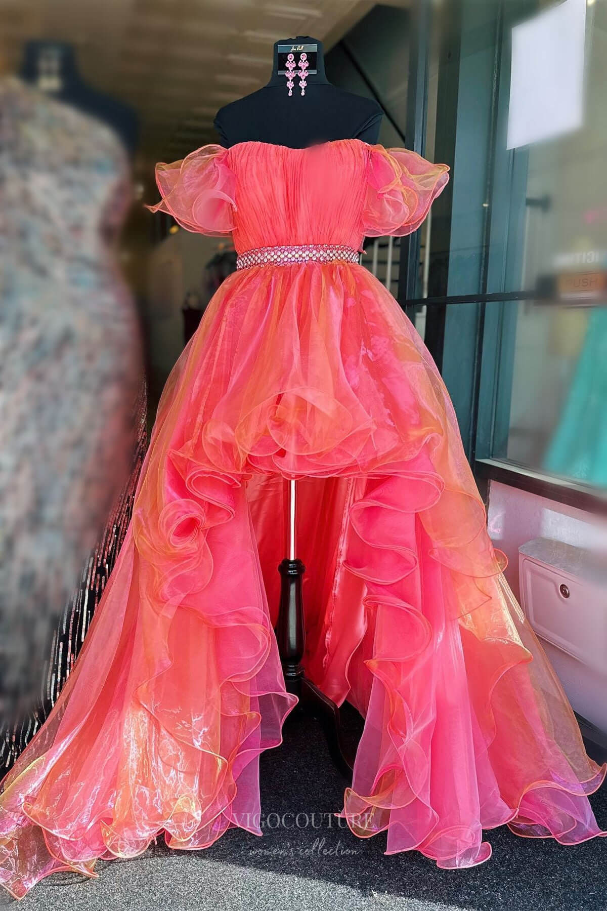 Prom Dress 2025 Orange and Pink Organza Prom Dresses High-Low Off the Shoulder Beaded Waist 24274-unique elegant Prom Dresses-Pink-Custom Size-vigocouture