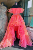 Prom Dress 2025 Orange and Pink Organza Prom Dresses High-Low Off the Shoulder Beaded Waist 24274-unique elegant Prom Dresses-Pink-Custom Size-vigocouture