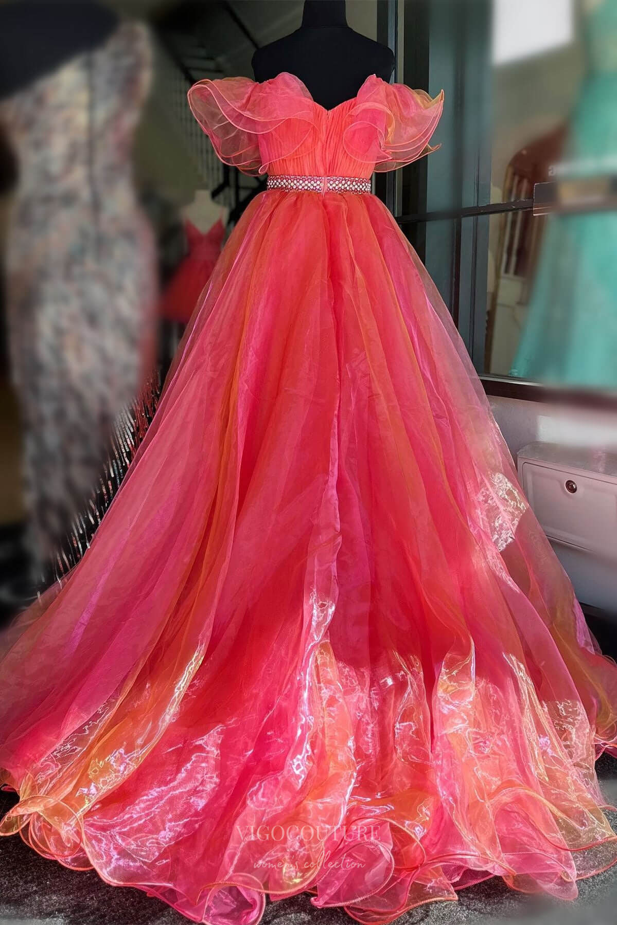 Prom Dress 2025 Orange and Pink Organza Prom Dresses High-Low Off the Shoulder Beaded Waist 24274-unique elegant Prom Dresses-Pink-Custom Size-vigocouture