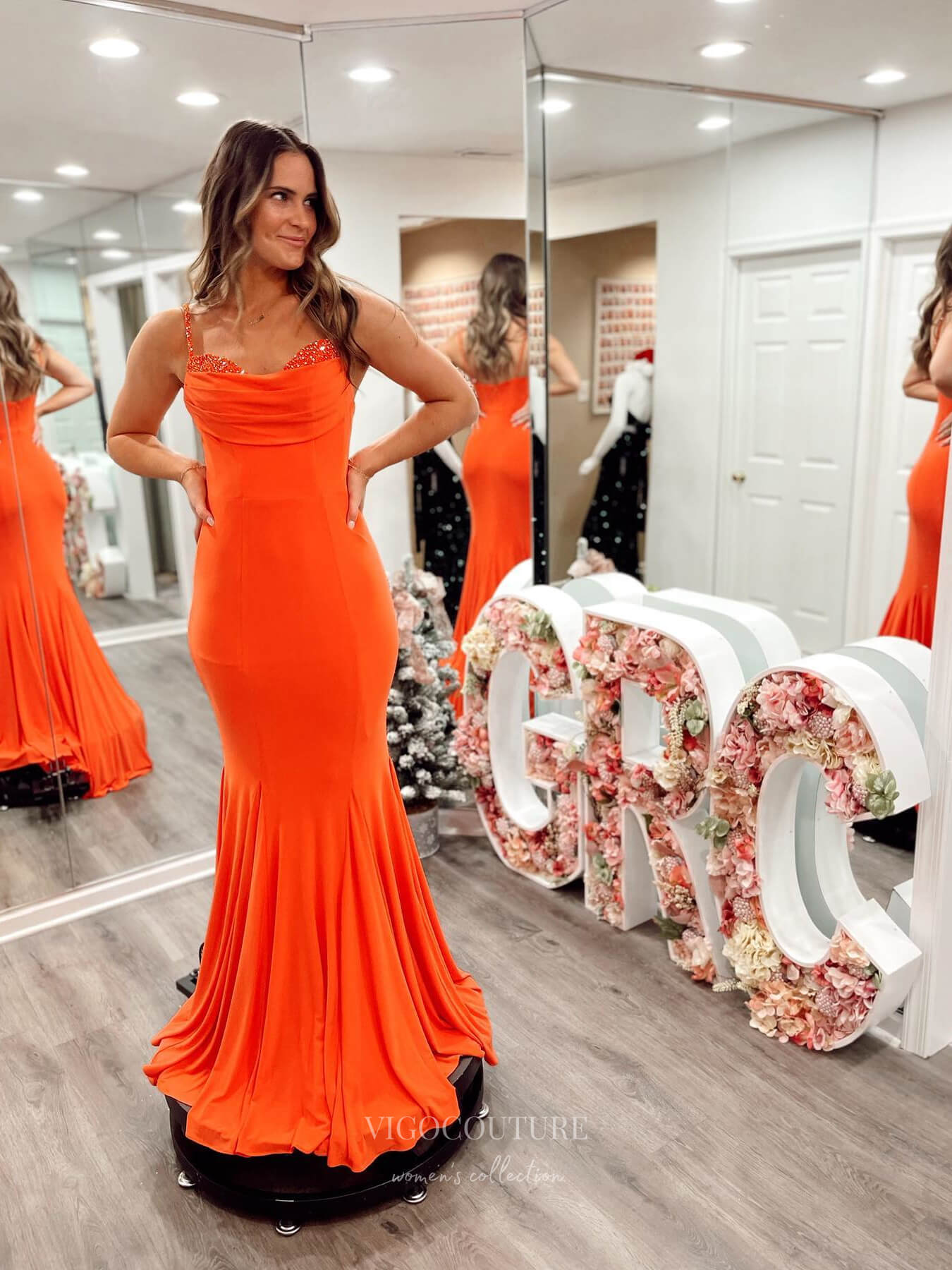 Orange Beaded Spaghetti Strap Satin Prom Dresses Cowl Neck Mermaid Evening Dress 24085 Orange / US2 Orange Beaded Spaghetti Strap Satin Prom Dresses Cowl Neck Mermaid Evening Dress 24085 Orange / US2