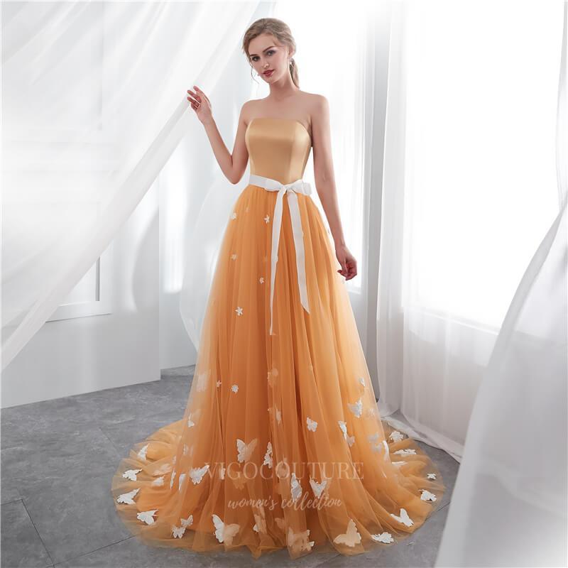 Prom Dress 2025 Orange Floral Strapless Prom Dress 20299-unique elegant Prom Dresses-Orange-US2-vigocouture