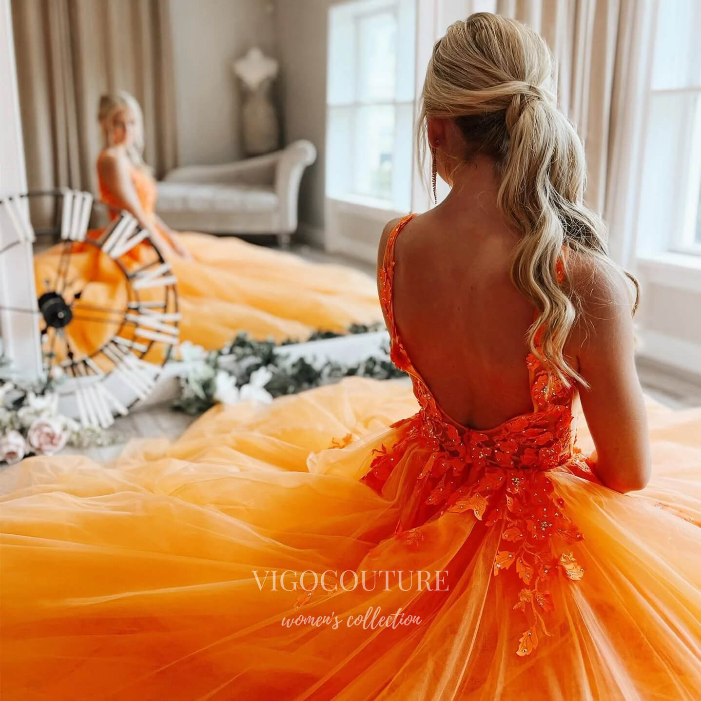 Prom Dress 2025 Orange Lace Applique Prom Dresses Pink Spaghetti Strap Plunging V-Neck Evening Gown 21888-unique elegant Prom Dresses-Orange-US2-vigocouture