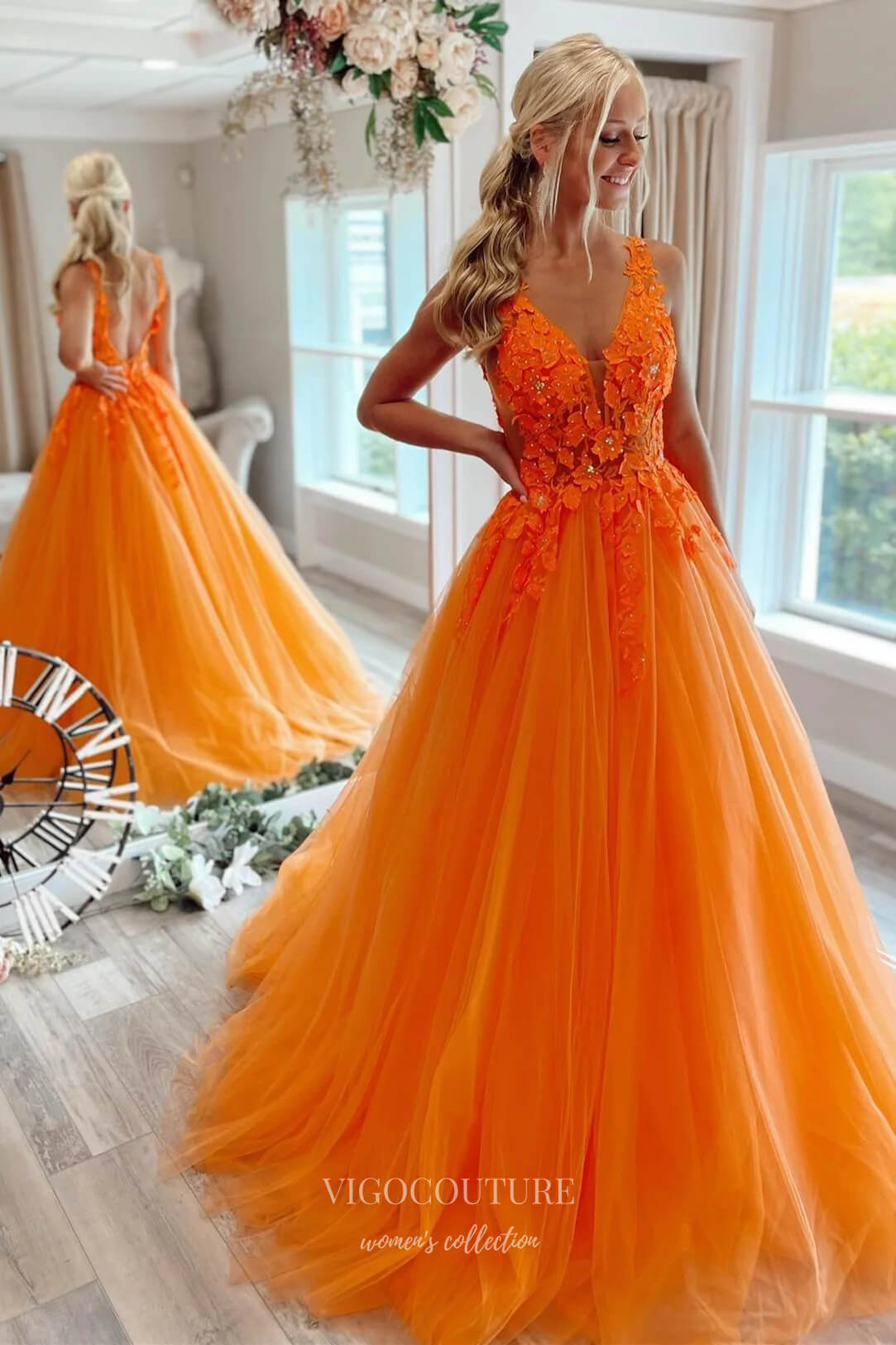 Prom Dress 2025 Orange Lace Applique Prom Dresses Pink Spaghetti Strap Plunging V-Neck Evening Gown 21888-unique elegant Prom Dresses-Orange-US2-vigocouture