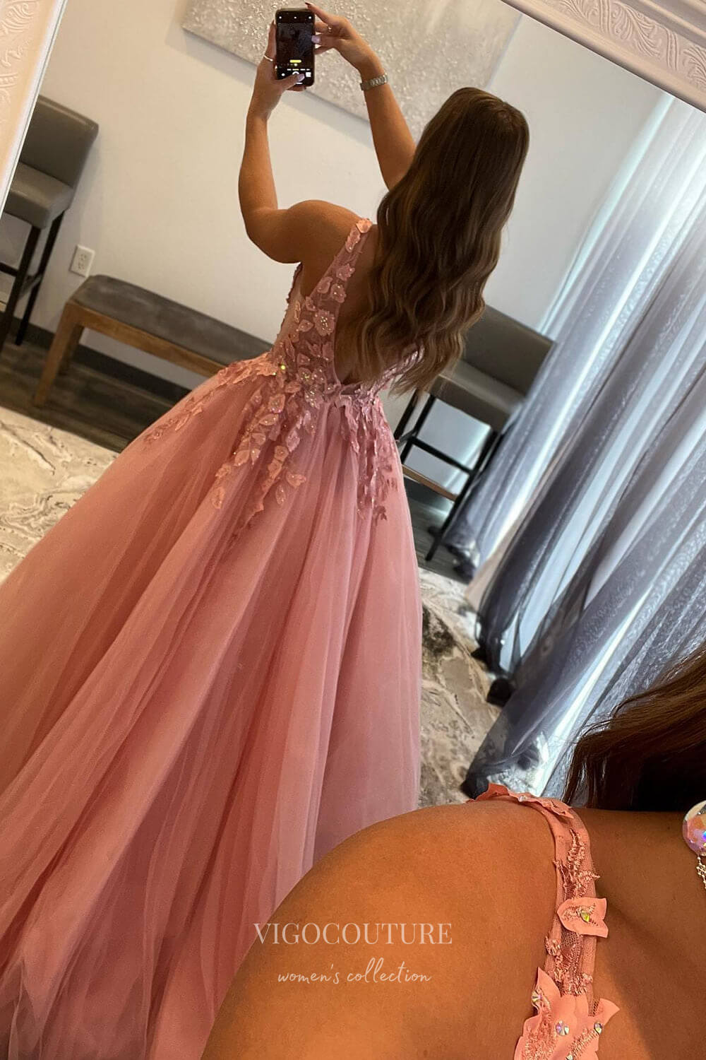 Prom Dress 2025 Orange Lace Applique Prom Dresses Pink Spaghetti Strap Plunging V-Neck Evening Gown 21888-unique elegant Prom Dresses-Orange-US2-vigocouture