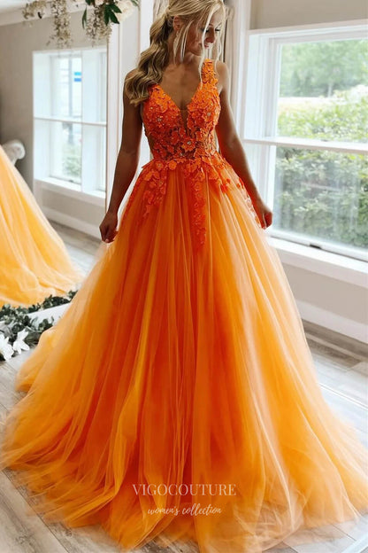 Orange Lace Applique Prom Dresses Pink Spaghetti Strap Plunging V-Neck vigocouture Orange Lace Applique Prom Dresses Pink Spaghetti Strap Plunging V-Neck vigocouture