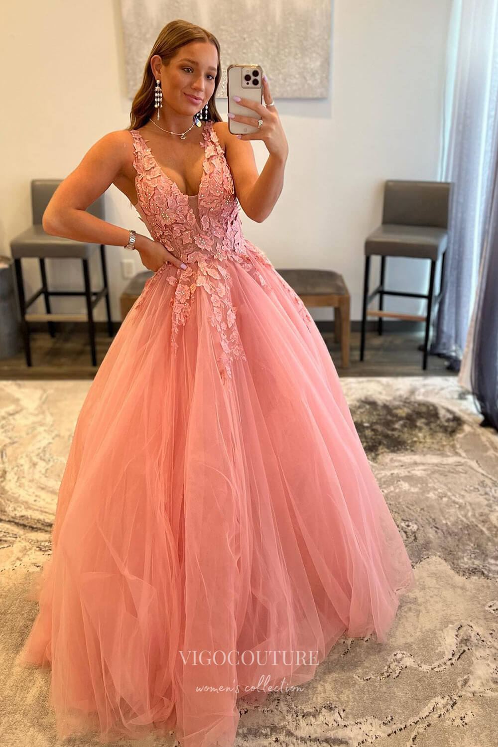 Orange Lace Applique Prom Dresses Pink Spaghetti Strap Plunging V-Neck vigocouture Orange Lace Applique Prom Dresses Pink Spaghetti Strap Plunging V-Neck vigocouture