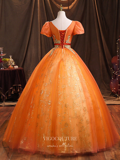 Orange Lace Applique Quinceanera Dresses Puffed Sleeve Sweet 15 Dresses 21379 Custom Colors / 18W