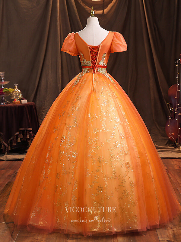 Prom Dress 2025 Orange Lace Applique Quinceanera Dresses Puffed Sleeve Sweet 15 Dresses 21379-unique elegant Prom Dresses-Orange-Custom Size-vigocouture