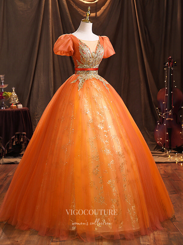 Prom Dress 2025 Orange Lace Applique Quinceanera Dresses Puffed Sleeve Sweet 15 Dresses 21379-unique elegant Prom Dresses-Orange-Custom Size-vigocouture