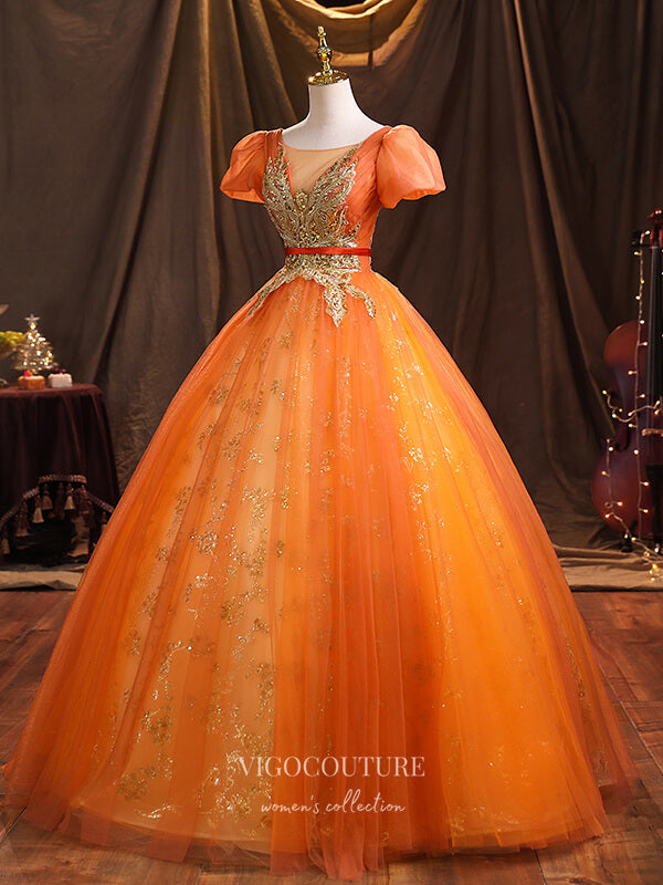 Prom Dress 2025 Orange Lace Applique Quinceanera Dresses Puffed Sleeve Sweet 15 Dresses 21379-unique elegant Prom Dresses-Orange-Custom Size-vigocouture