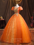 Prom Dress 2025 Orange Lace Applique Quinceanera Dresses Puffed Sleeve Sweet 15 Dresses 21379-unique elegant Prom Dresses-Orange-Custom Size-vigocouture