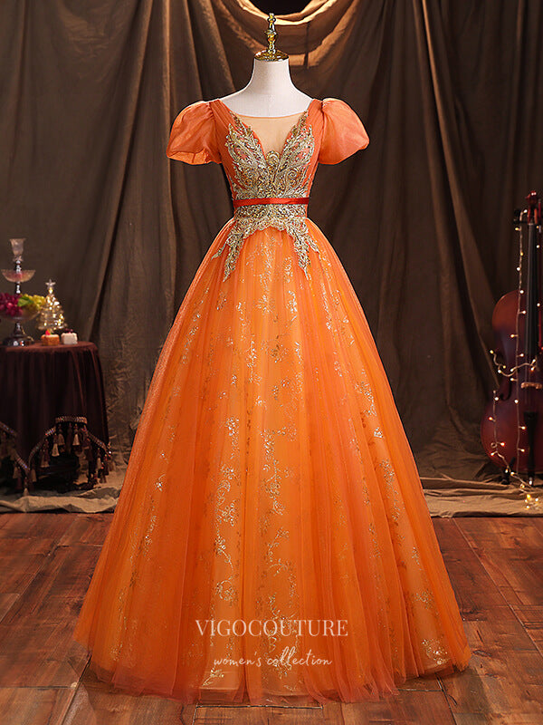 Prom Dress 2025 Orange Lace Applique Quinceanera Dresses Puffed Sleeve Sweet 15 Dresses 21379-unique elegant Prom Dresses-Orange-Custom Size-vigocouture