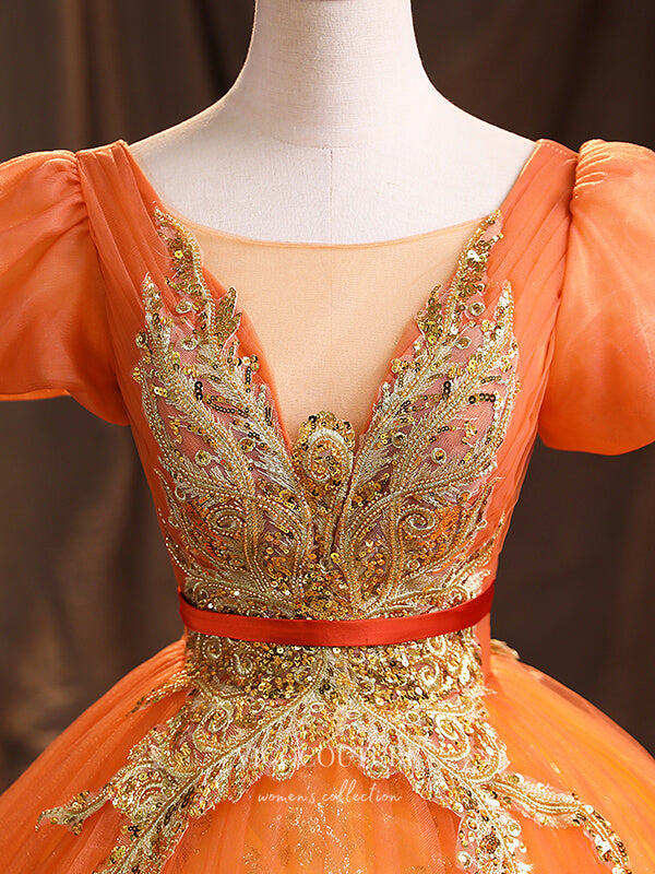 Prom Dress 2025 Orange Lace Applique Quinceanera Dresses Puffed Sleeve Sweet 15 Dresses 21379-unique elegant Prom Dresses-Orange-Custom Size-vigocouture